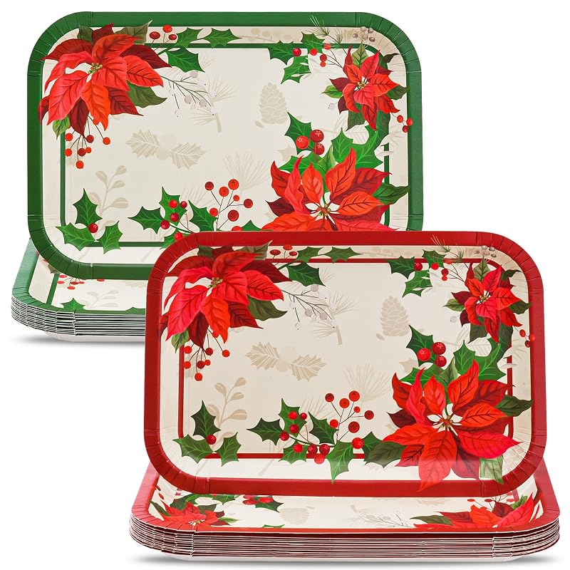 20 Count Christmas Poinsettia Paper Platters - 15 x 10.3 in Red/Green Heavy-Duty Disposable Trays (Variation: 20)