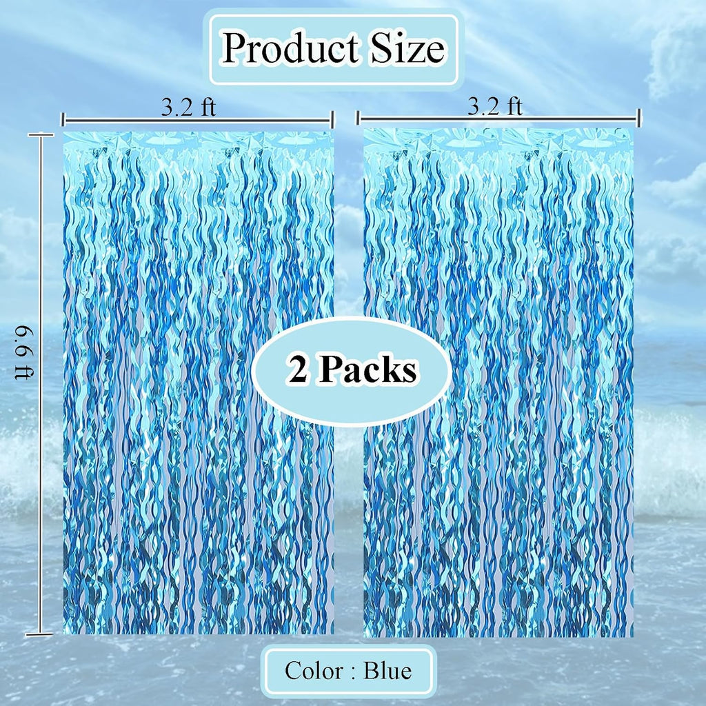 Skiennix Wavy Tinsel Foil Fringe Curtains - Teal Blue Streamers Backdrop for Ocean Themed Parties | 2 Pack, 3.2 ft x 6.6 ft