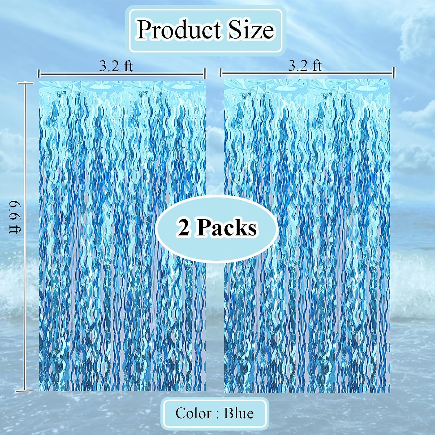 Skiennix Wavy Tinsel Foil Fringe Curtains - Teal Blue Streamers Backdrop for Ocean Themed Parties | 2 Pack, 3.2 ft x 6.6 ft