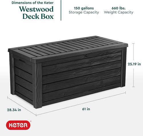 Keter Westwood 150 Gallon Resin Outdoor Storage Box - Ideal for Patio Furniture & Garden Tools | Dark Grey