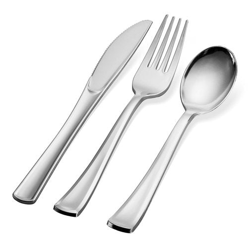 150 Silver Plastic Silverware Set - Disposable Flatware Cutlery - 50 Forks, 50 Spoons, 50 Knives - Heavy Duty Party Bulk