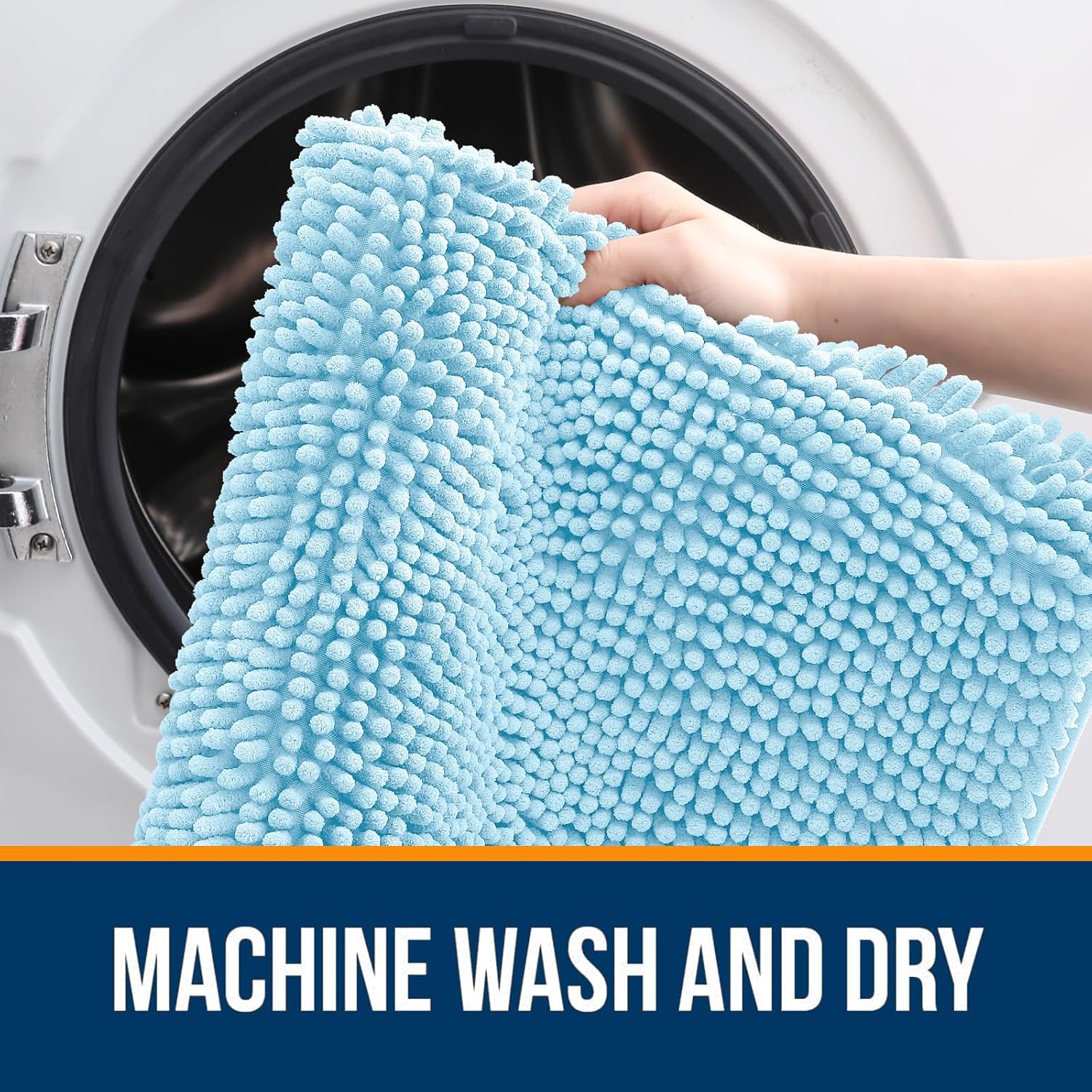 OLANLY Bathroom Runner Rugs - Soft Chenille Bath Mats with Rubber Backing | Quick Dry, 44x24, Sky Blue