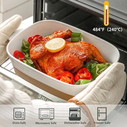 Hasense Ceramic Baking Dish - Non-Stick 11.8x8.7 Lasagna Pan with Handle | 3.4 Qt Casserole Bakeware, White