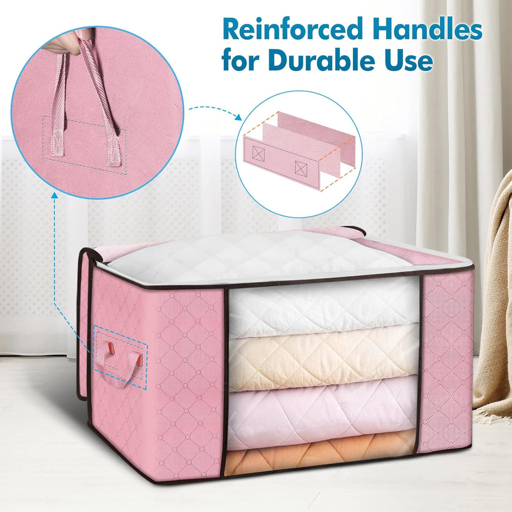 Skiennix 90L Large Storage Bags - 8 Pack Foldable Closet Organizers for Clothes, Blankets & Toys | Pink