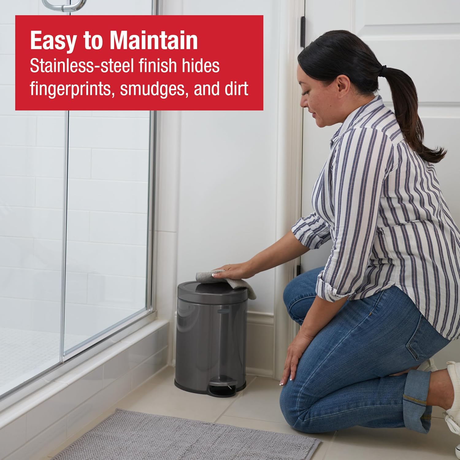Rubbermaid Stainless Steel Round Step-On Trash Can - 1.6-Gallon Charcoal Wastebasket with Lid for Home & Office