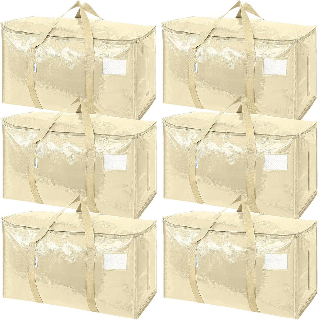 TICONN Extra Large Heavy-Duty Moving Bags - Durable Storage with Zippers & Handles | 6 Pack, Cream