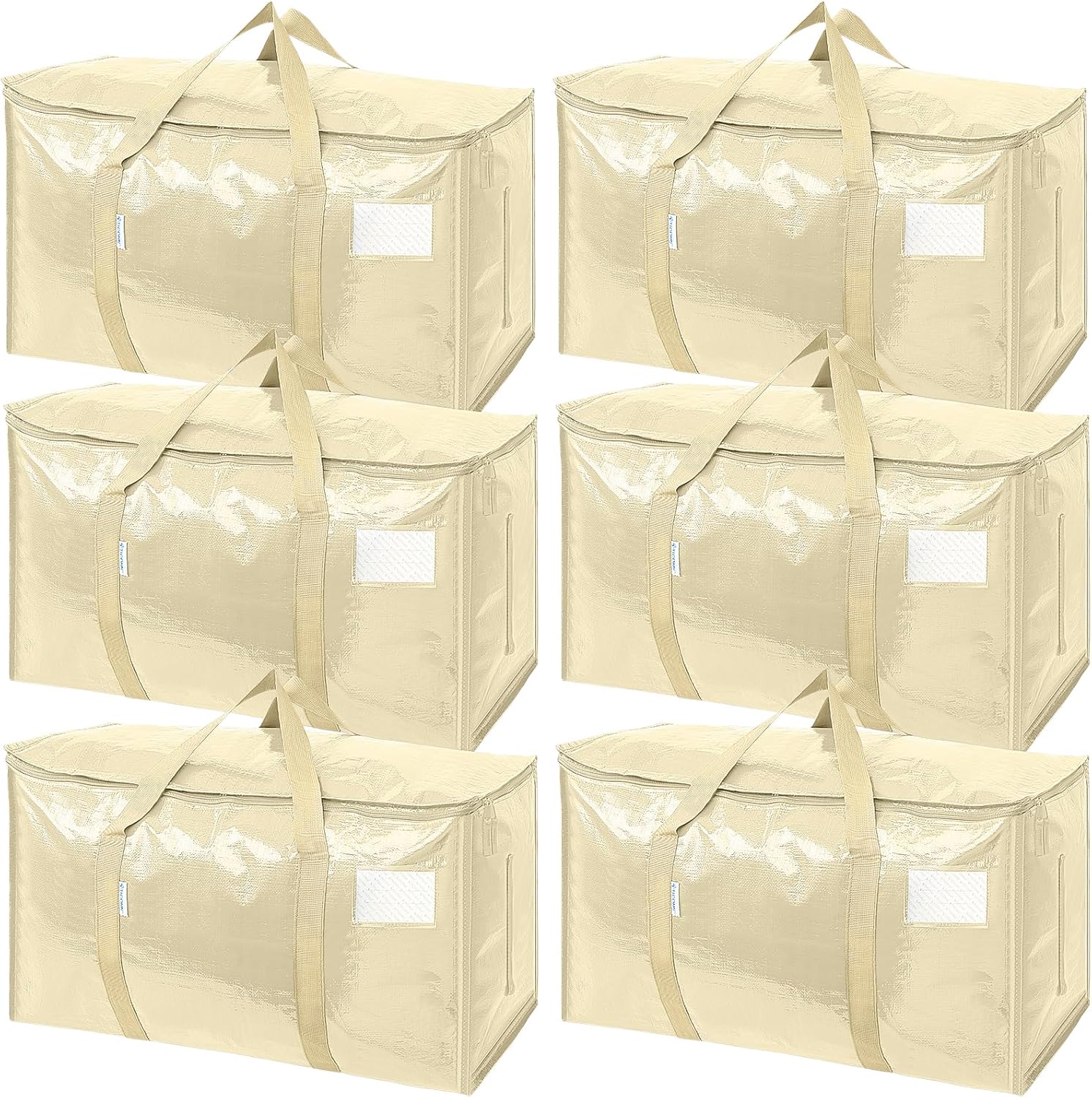 TICONN Extra Large Heavy-Duty Moving Bags - Durable Storage with Zippers & Handles | 6 Pack, Cream