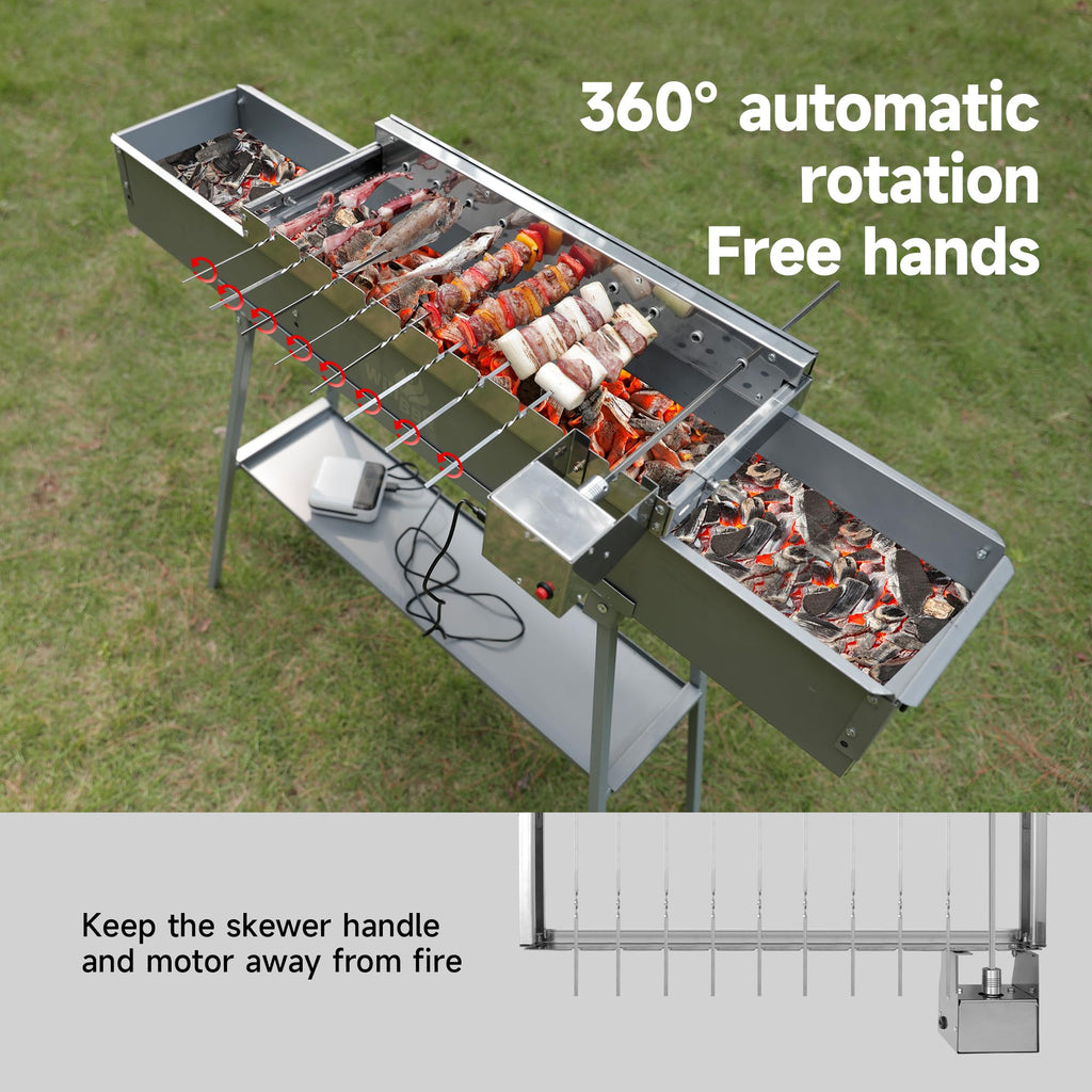 WILLBBQ Electric Rotisserie Grill Kit with Auto Rotating Skewer Turner, 20 Stainless Steel Skewers, Adjustable Width up to 11.8" for Charcoal BBQ, Kabobs, Chicken, Meat(20" L x 7" W)