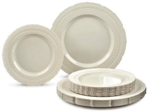 OCCASIONS 80 Ivory Wedding Plates (40 Guests), China-Look Chateau Design, Heavy Duty 40x11" Dinner + 40x8.25" Salad, Disposable Reusable for Bridal Shower Reception (Chateau Ivory)