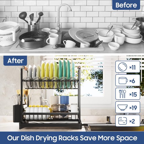PXYHMUS 2-Tier Large Dish Drying Rack for Kitchen Counter with Drainboard and Cutlery Holder, 2 Tier Dish Drying Rack, Black,16.54" D x 11.81" W x 17.71" H