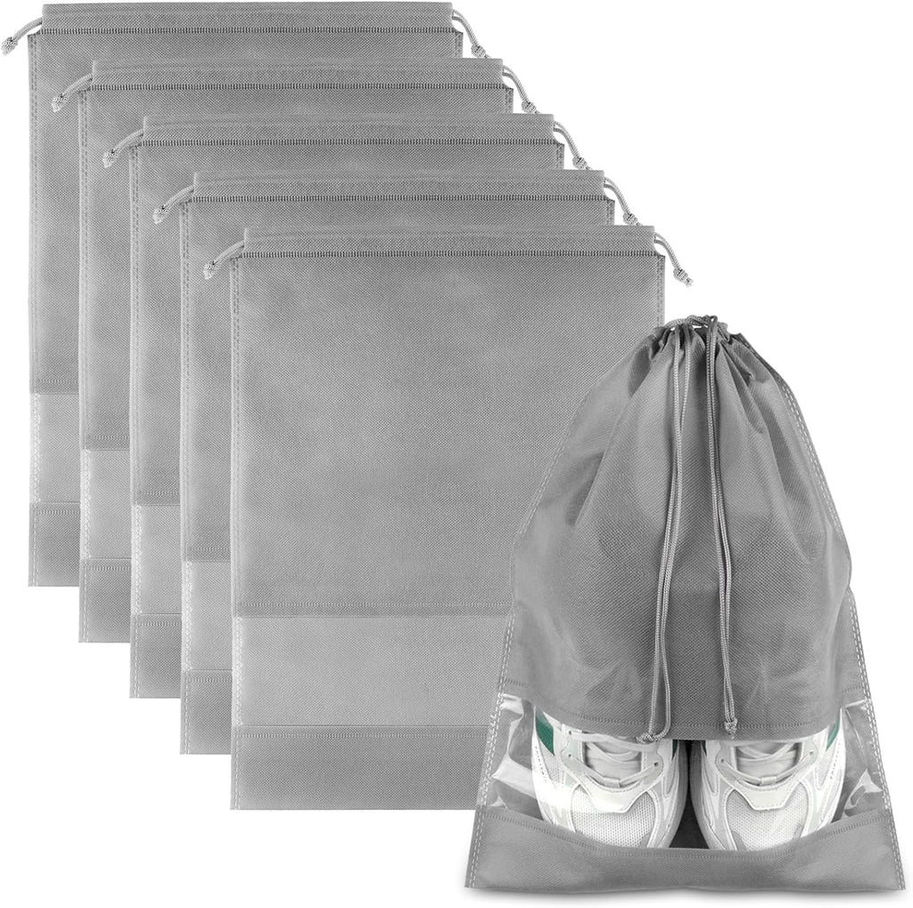 Skiennix Travel Shoe Bags - 5 Large Non-Woven Drawstring Storage Bags with Clear Window | Gray (12.6" X 17.3")