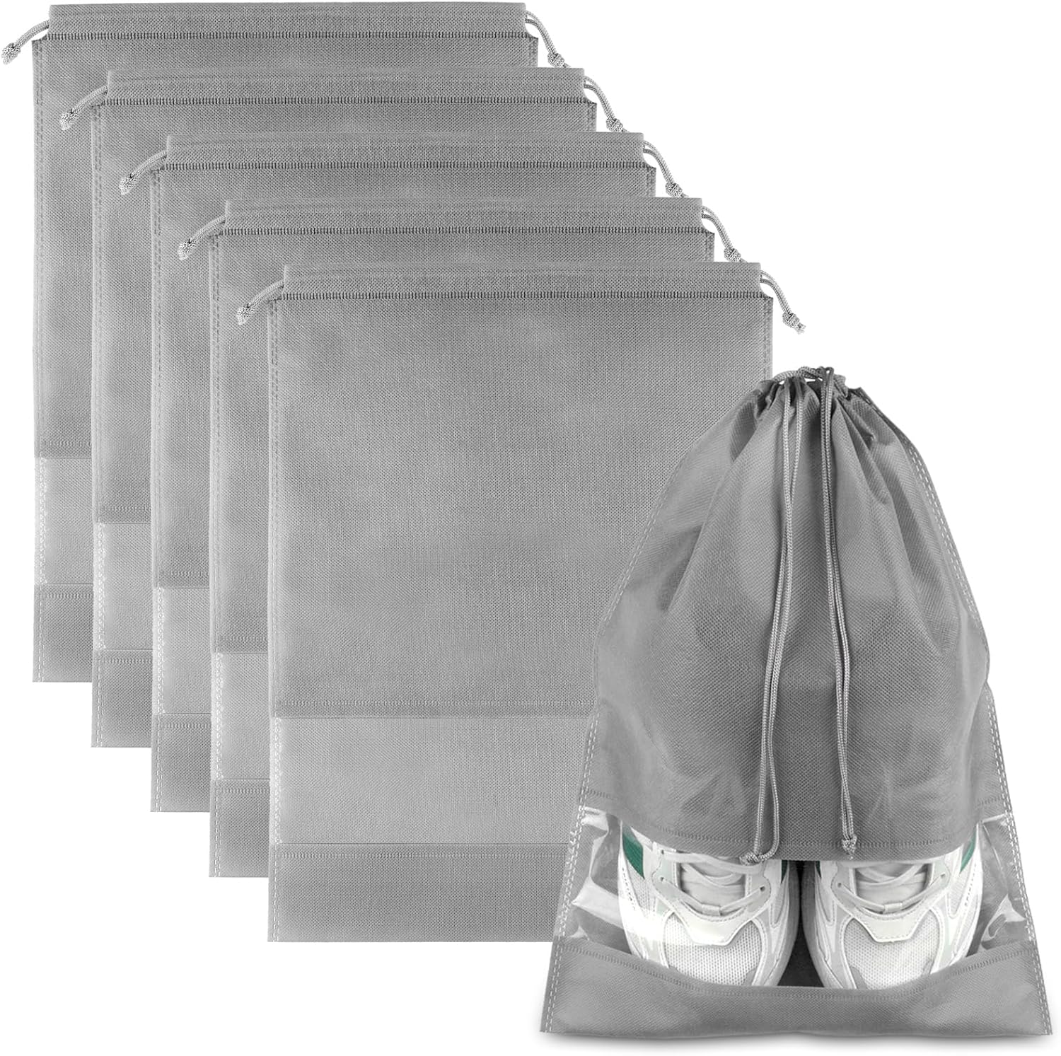 Skiennix Travel Shoe Bags - 5 Large Non-Woven Drawstring Storage Bags with Clear Window | Gray (12.6" X 17.3")