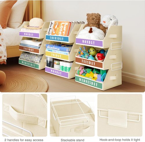 Homsorout Closet Organizers - 5-Tier Shelf Organizer with Labels & Stackable Bins | Beige Metal Frame