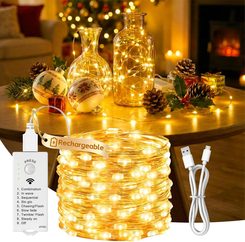 ZSJWL Rechargeable Fairy Lights - 16FT 50LED Indoor String Lights with DIY Timer & 8 Modes | Warm White