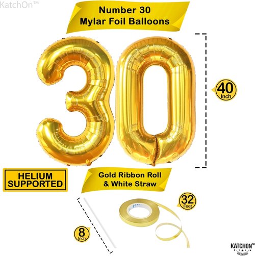 Katchon Gold 30 Balloon Numbers - 40 Inch | Stunning 30th Birthday Decorations for Him & Her