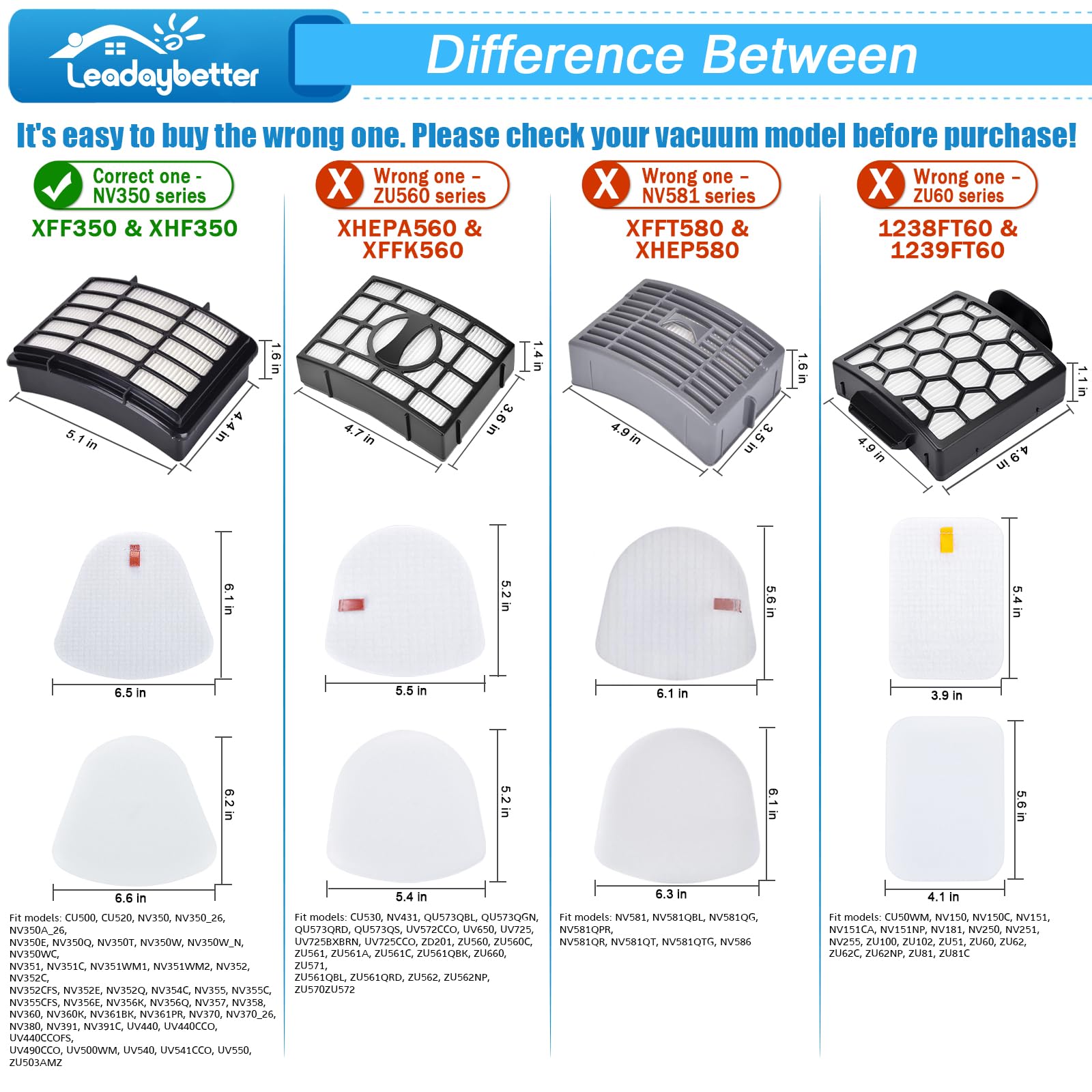 Leadaybetter Vacuum Filter Replacement for Shark Navigator Lift Away Deluxe NV350 NV351 NV352 NV355 NV356E NV360 NV370 UV440 UV540 CU500 ZU503AMZ Models, Parts XFF350 & XHF350, 2 + 4 Pack Filters