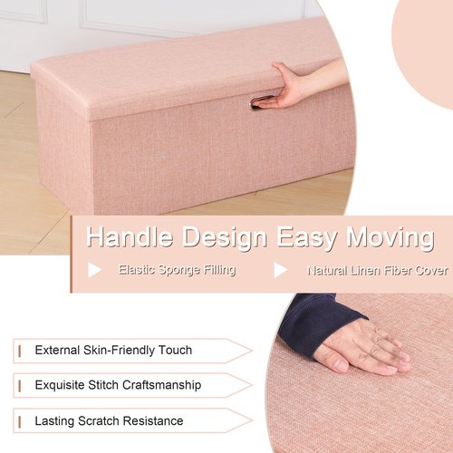 VECELO 43'' Folding Storage Ottoman Bench, End of Bed Linen Fabric Foot Rest Stool with Padded Seat, Large Footstools for Bedroom, Living Room, Load 660 lb, Pink