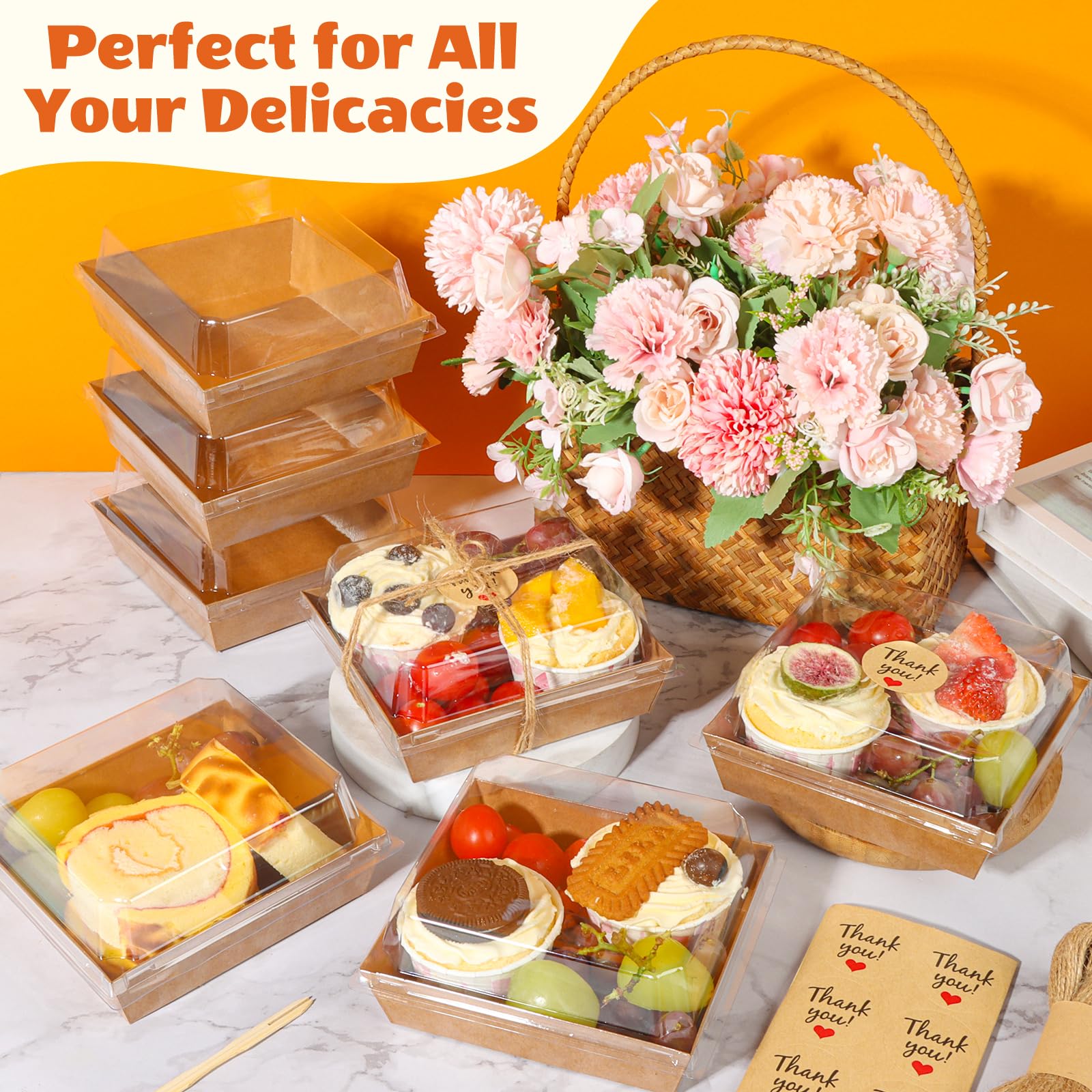 LNDIEHS 50Pcs Small Kraft Charcuterie Boxes with Clear Lids - Paper Mini Appetizer Plates for Sandwich, Cookie, Sushi, Cake Slice, and Strawberries