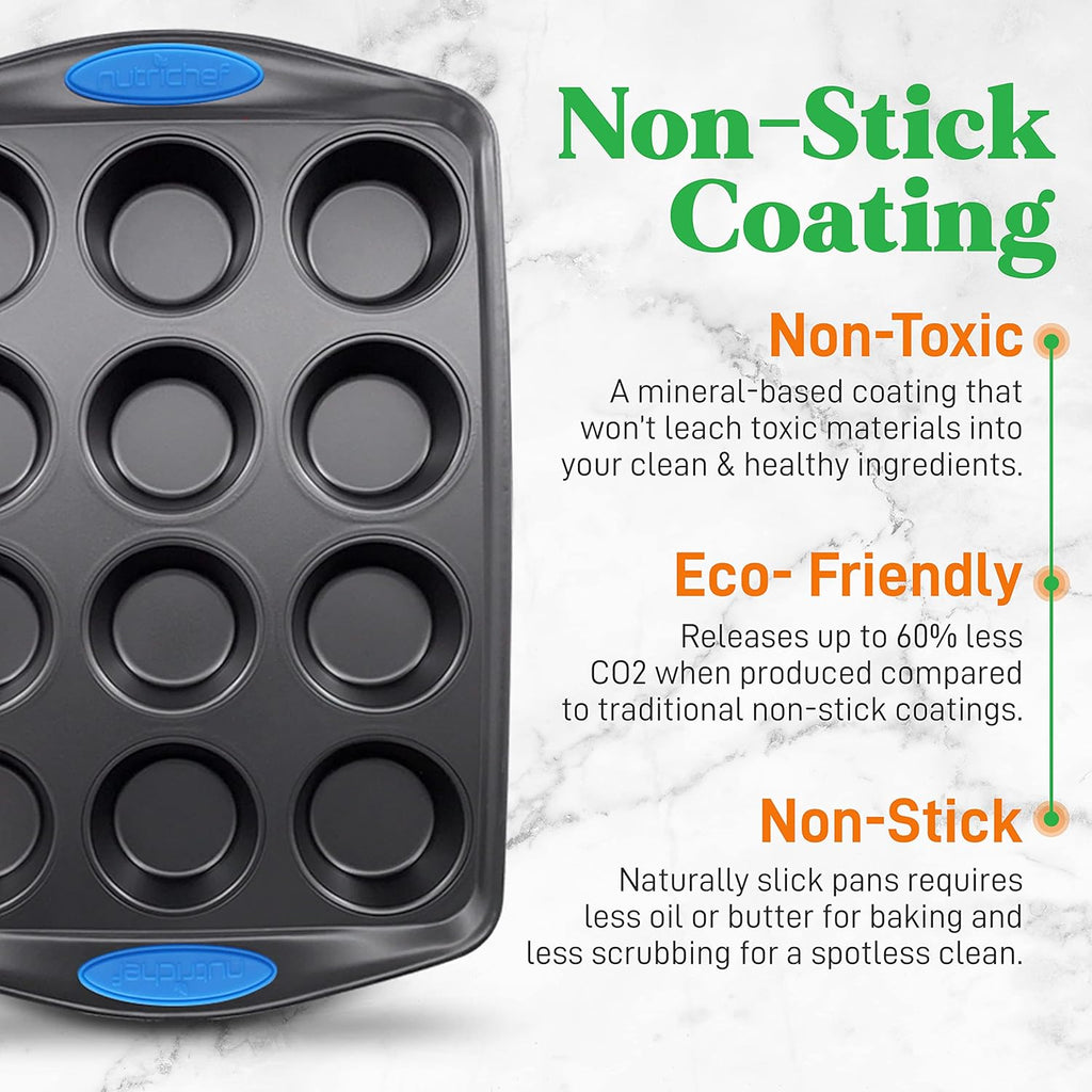 NutriChef 6-Piece Baking Pan Set - Nonstick Carbon Steel Bakeware with Blue Silicone Handles | Gray