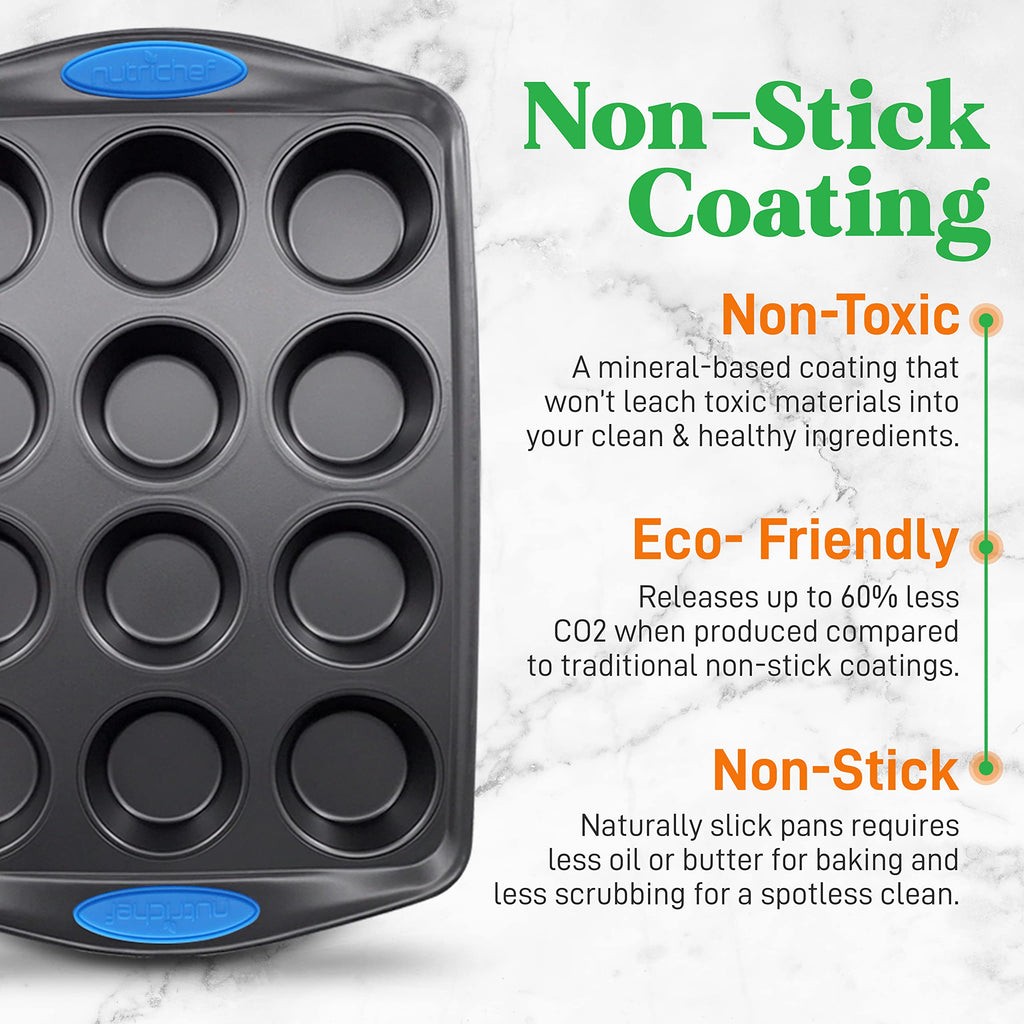 NutriChef 6-Piece Baking Pan Set - Carbon Steel Stackable Bakeware with Blue Silicone Handles & Nonstick Coating, Includes Cookie Sheets, Roaster Pan with Lid, Loaf Pan, and 12 Cup Muffin Pan (Gray)