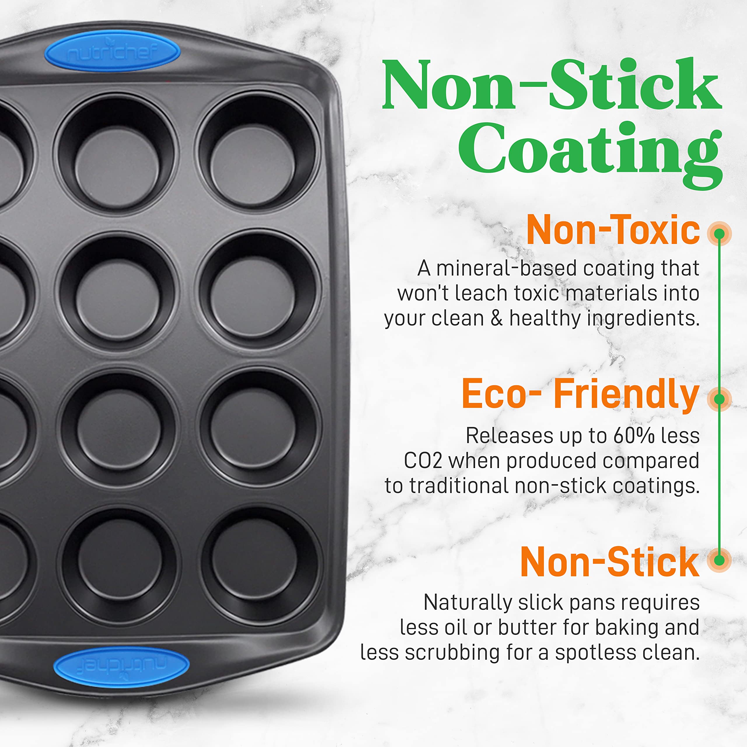 NutriChef 6-Piece Baking Pan Set - Carbon Steel Stackable Bakeware with Blue Silicone Handles & Nonstick Coating, Includes Cookie Sheets, Roaster Pan with Lid, Loaf Pan, and 12 Cup Muffin Pan (Gray)