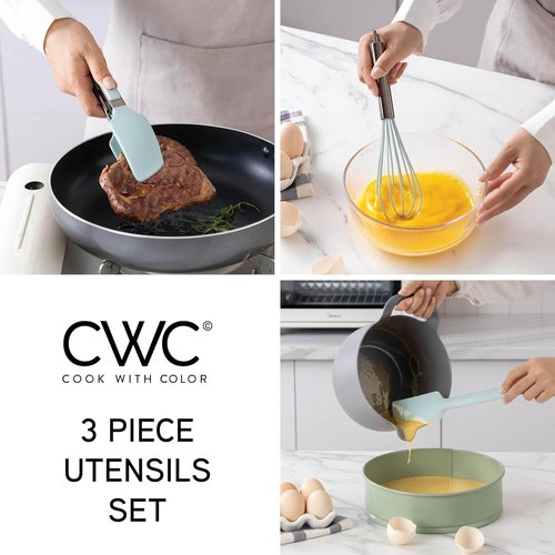 COOK WITH COLOR Stainless Steel Tongs Set - Silicone Tipped Kitchen & BBQ Utensils, 3 Pieces, Green