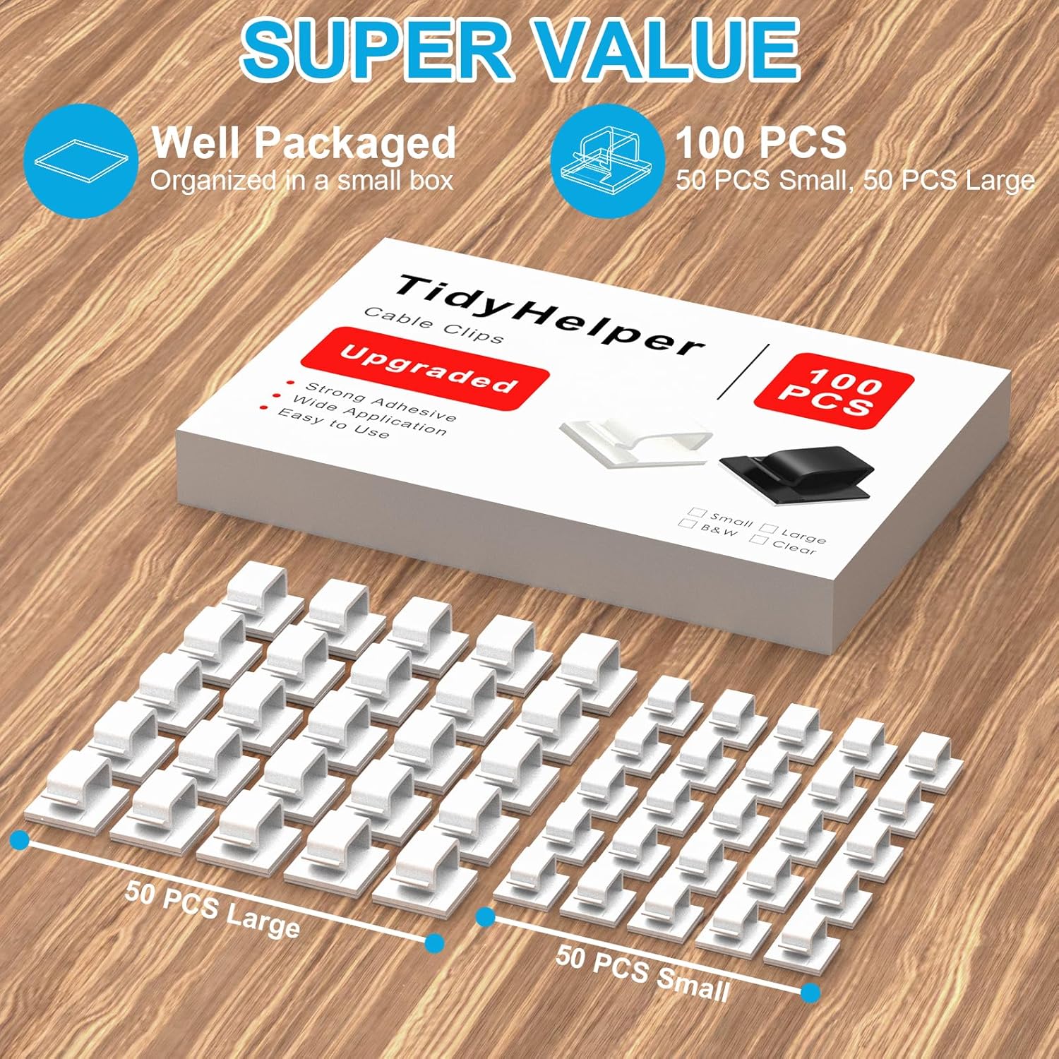 Skiennix Adhesive Cable Clips - 100 PCS White Wire Holders for Cord Management | Small & Large Sizes