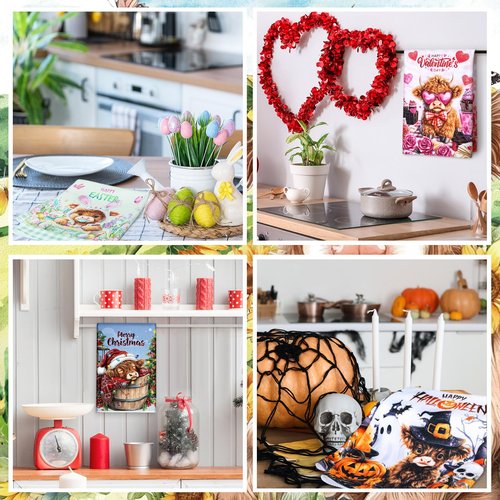 Peryiter 12 Pcs Seasonal Kitchen Towels Set for All Holidays, Seasonal Hand Dish Tea Towels Bulk Absorbent Dishcloths Housewarming Gift for Kitchen Bathroom(Highland Cow)