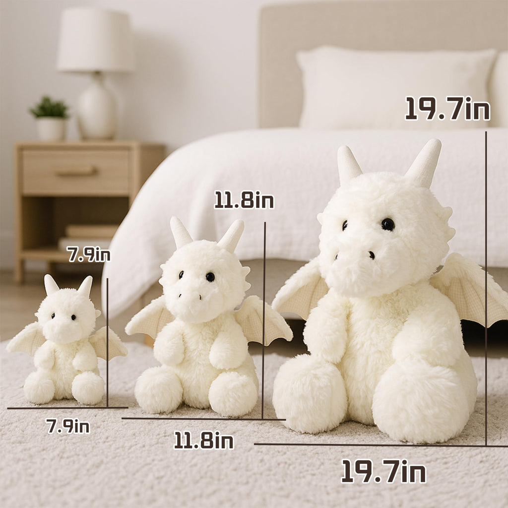 Soft Little Flying Dinosaur Stuffed Plush Pillow, Adorable White Dragon Plush Toy and Birthday Present for Kids, Adults and Collectors(White/7.9in)