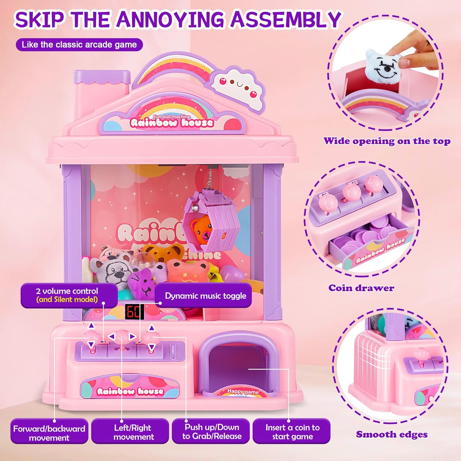 Skiennix Mini Claw Machine - Electric Arcade Game Toy with LED Lights & Adjustable Sound | Pink, Ages 4+