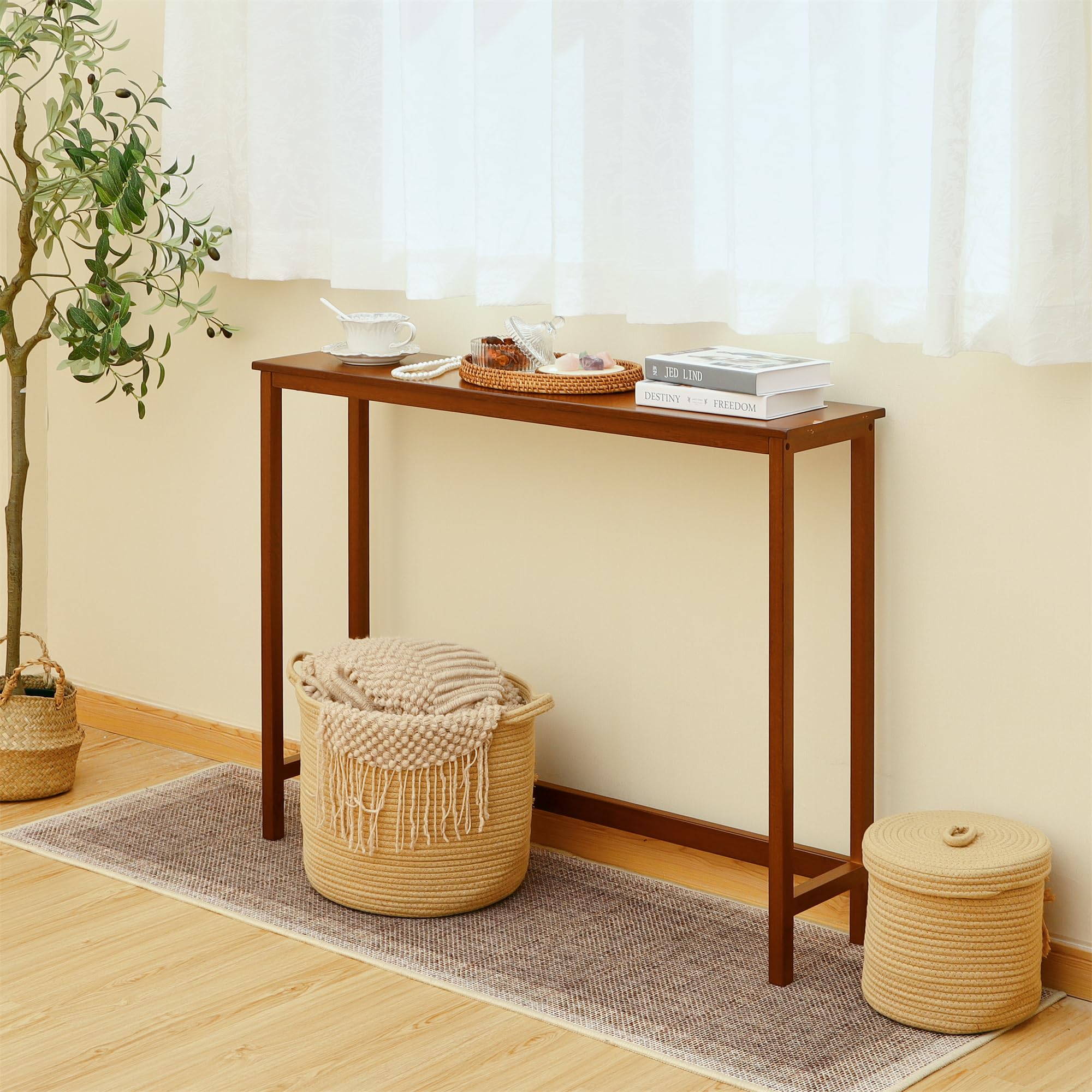 Mordchil HF Bamboo Narrow Console Table, 39.4"(L) Wood Small Entryway Table, Accent Slim Hallway Tables, Thin Sofa Side Tables for Hallway, Living Room, Bedroom, Foyer, Walnut