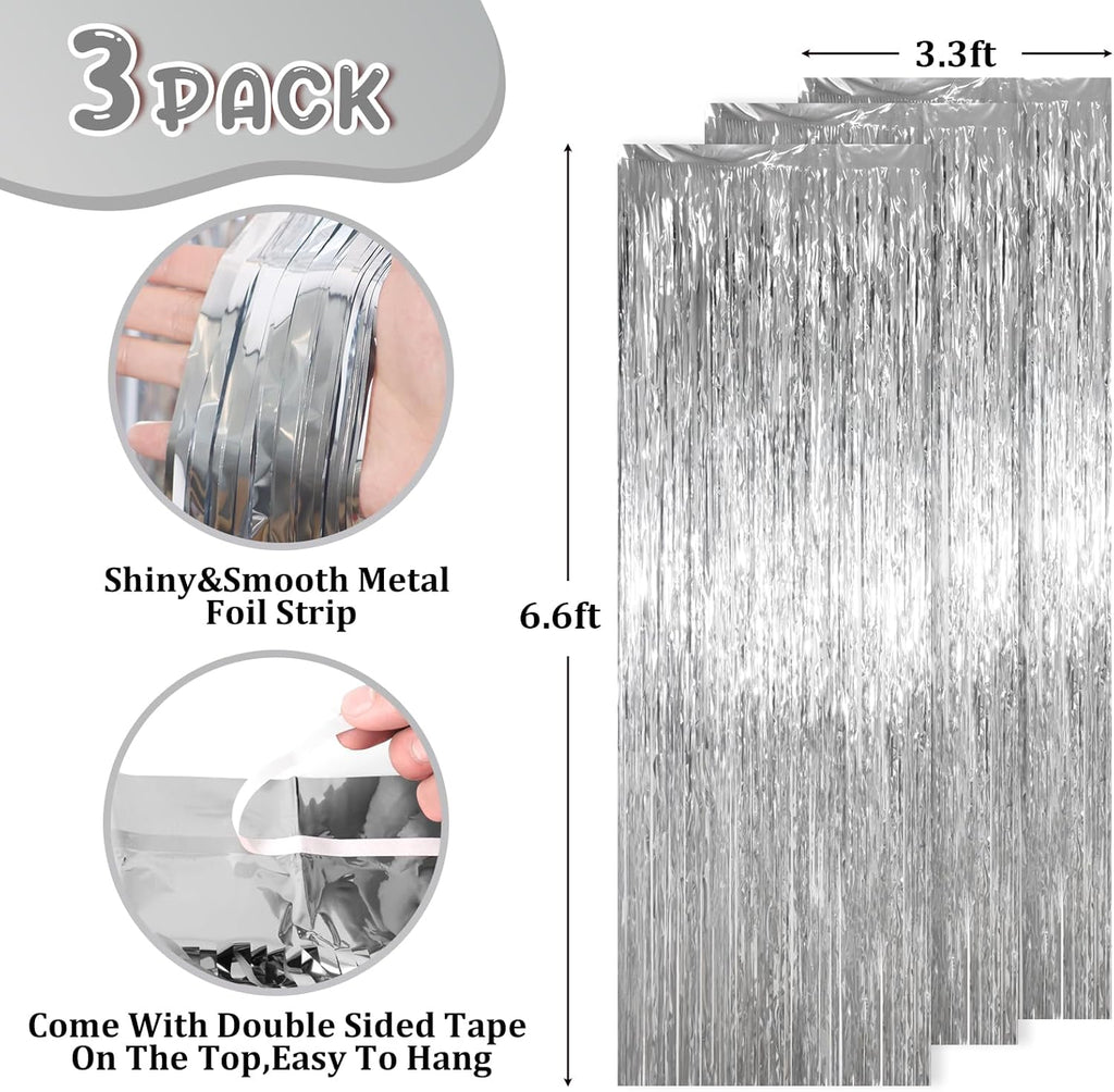 Voircoloria Foil Fringe Backdrop Curtains - 3.3 x 6.6 Ft Silver Tinsel Streamers for Parties & Events