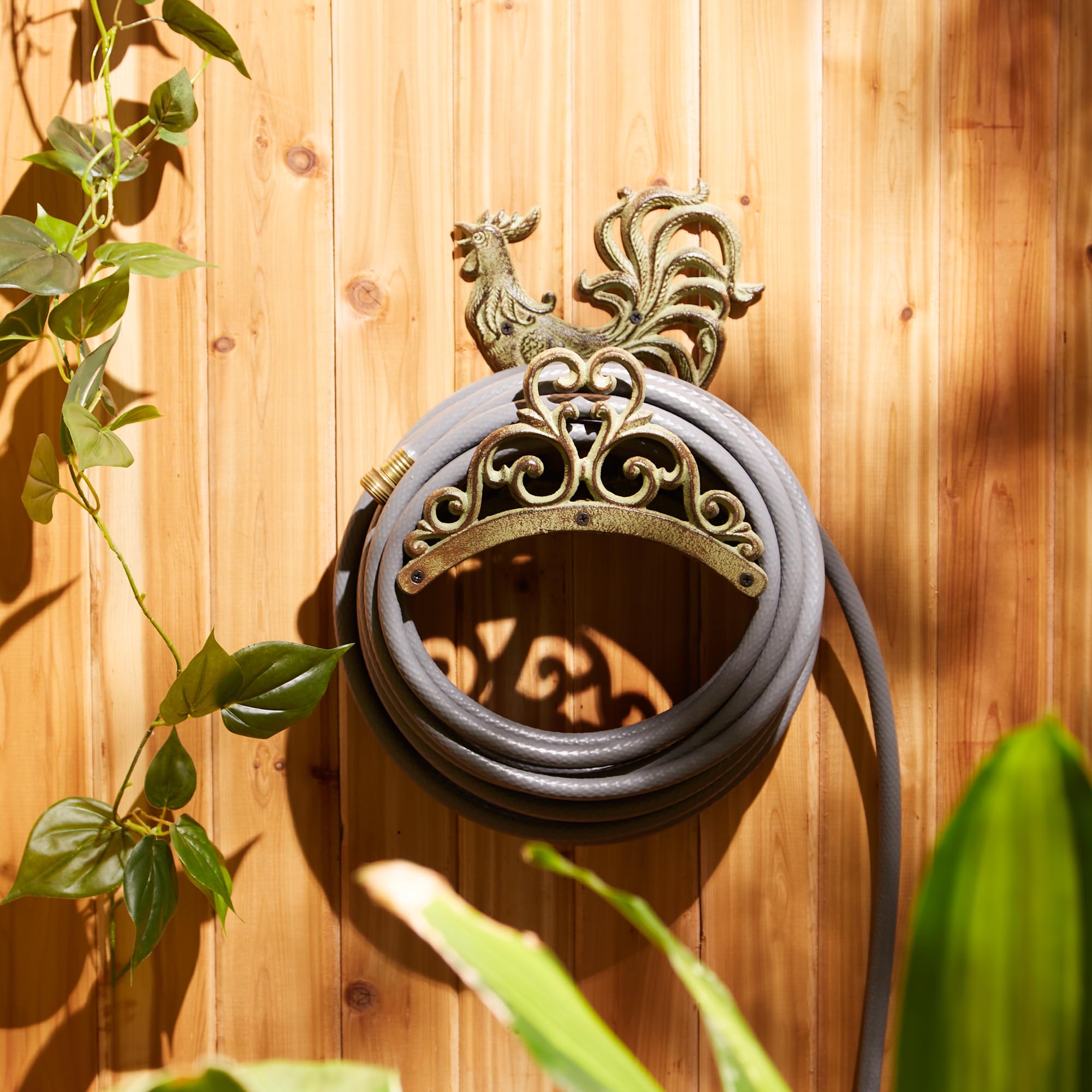 Zingz & Thingz Outdoor Garden Rooster Cast Iron Hose Organizer, 9.5x5.5x10.25", Brown