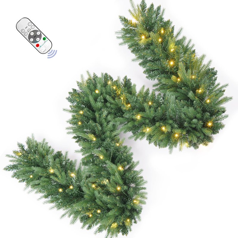 9FT Pre-Lit Artificial Christmas Garland with Dual Color LED Lights and Timer by Remote Control and Batteries Operated, Holiday Decorations, for Indoor Door Home Stairs Fireplaces Wall