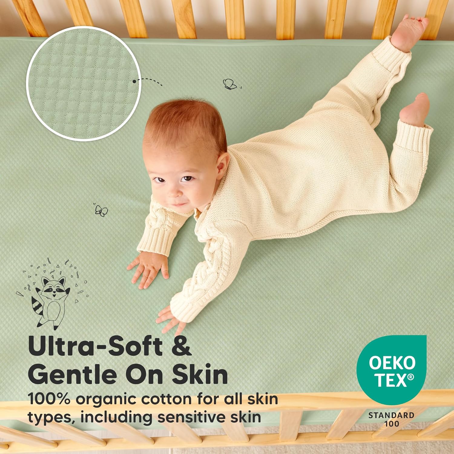 Skiennix 2-Pack Waterproof Crib Mattress Protector - Soft Quilted Cotton, Machine Washable, 52" x 28" (Soft Fern/Quin)