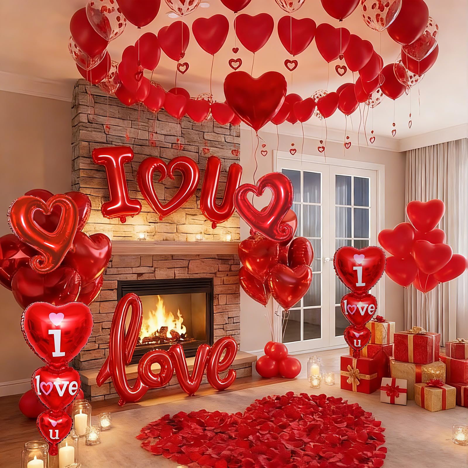 36in I Love You for Her/Him Balloons, 1126pcs Happy Anniversary Decorations with Red Heart Confetti Balloons Rose Petals, Heart Hanging for Valentines Anniversary Day Wedding Romantic Special Night