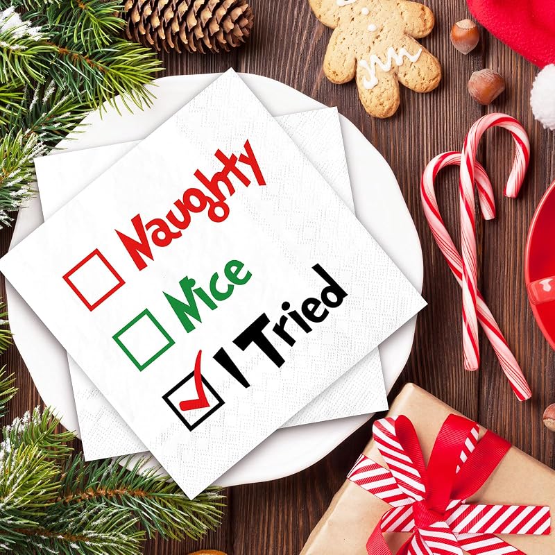 Naughty or Nice Christmas Cocktail Napkins – 50 Pack Disposable Paper Napkins for Holiday Parties