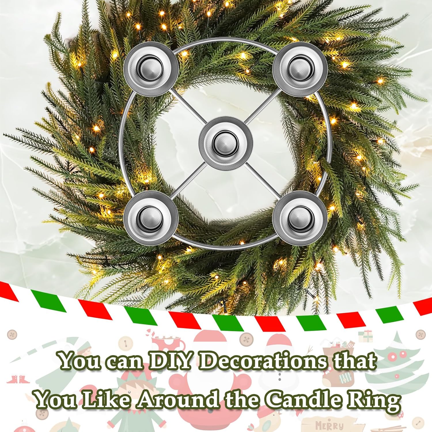 Advent Wreath | 5-Candle Holder with Decorative Rings for Tapered Candles - Silver Finish