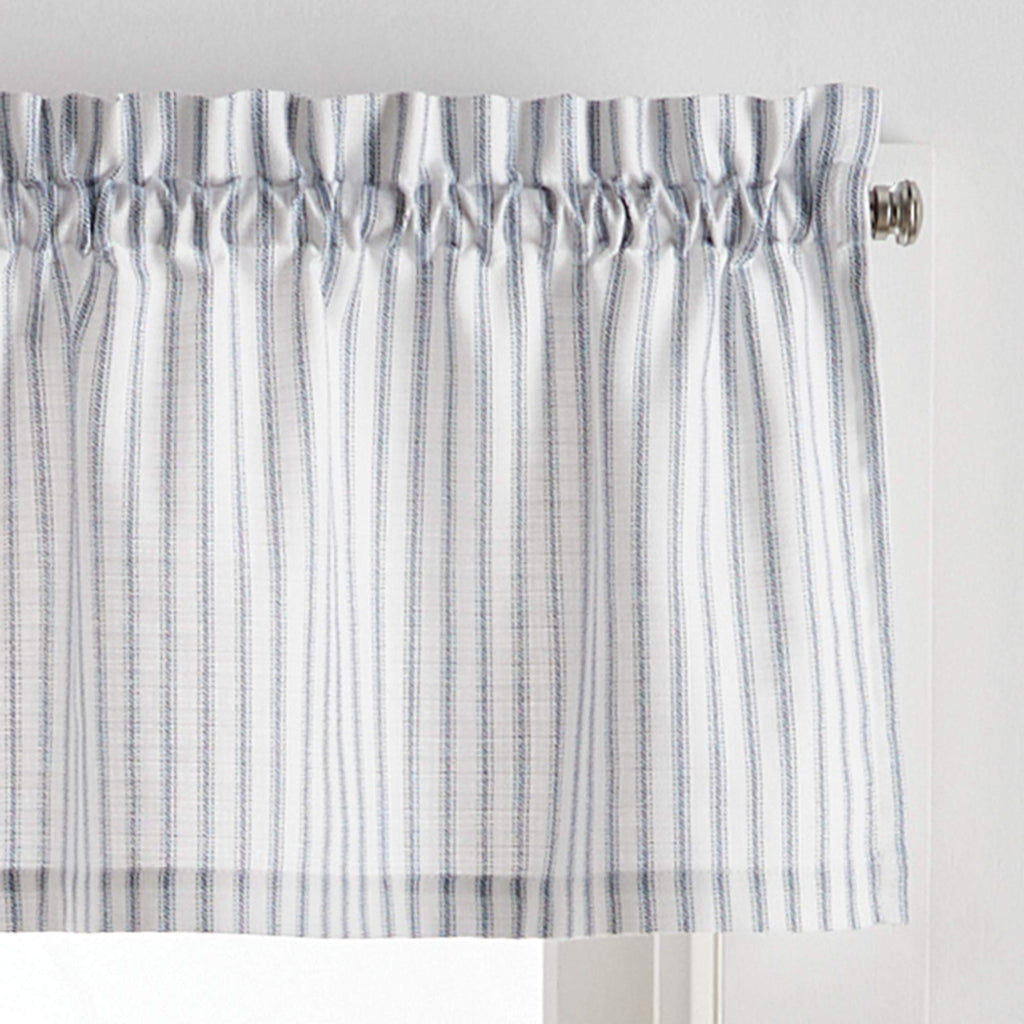Martha Stewart Ticking Stripe 3-Piece Window Curtain Valance and Tiers Set, White Indigo