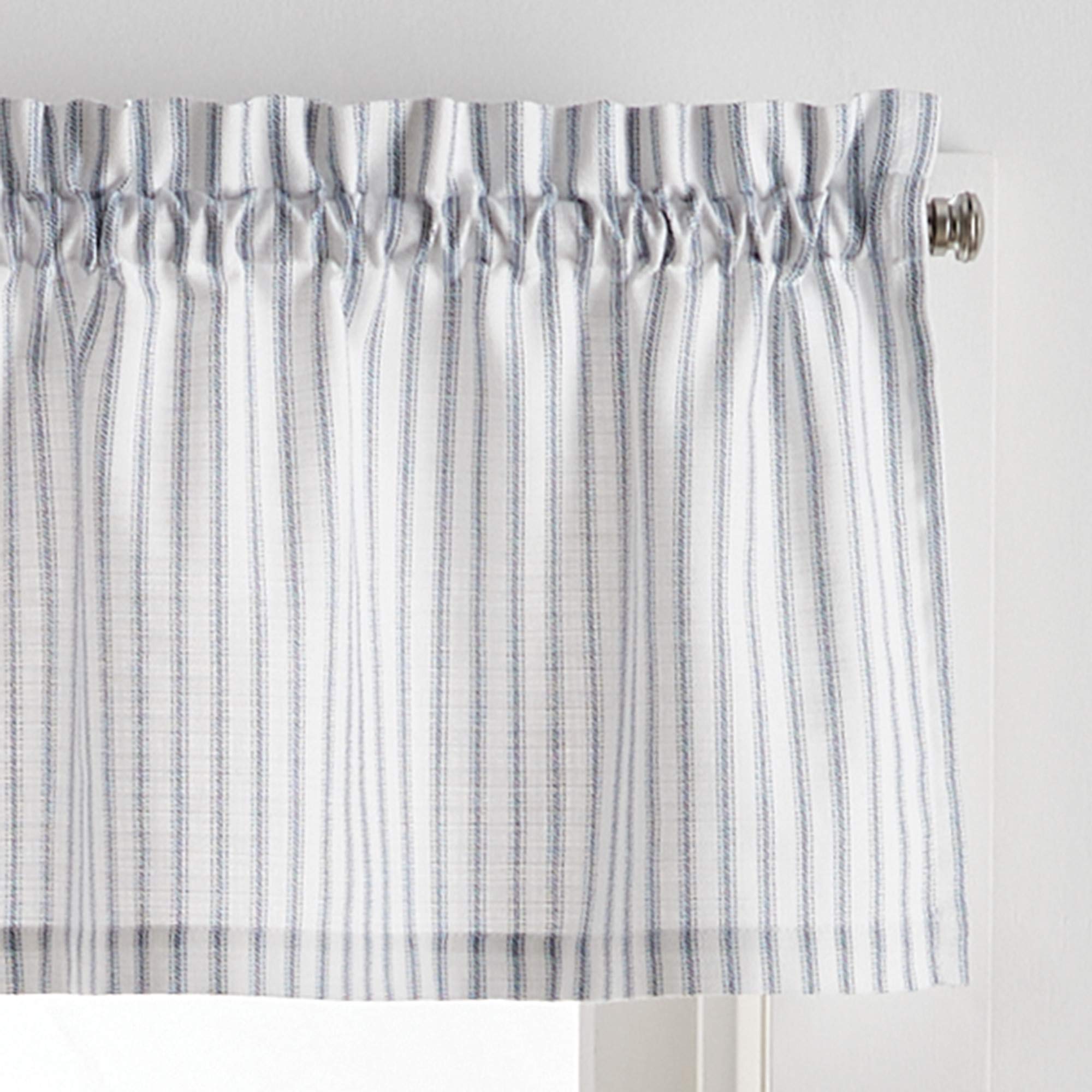 Martha Stewart Ticking Stripe 3-Piece Window Curtain Valance and Tiers Set, White Indigo