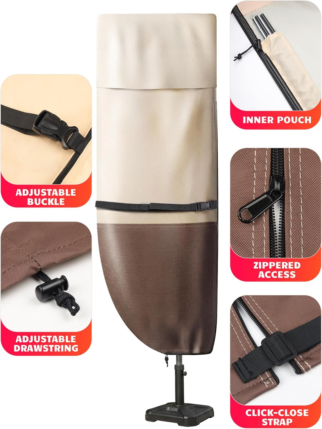 Vailge Patio Umbrella Cover - Waterproof & Windproof 600D Oxford for 9-13 Ft Cantilever Umbrellas | Includes Support Pole & Storage Bag