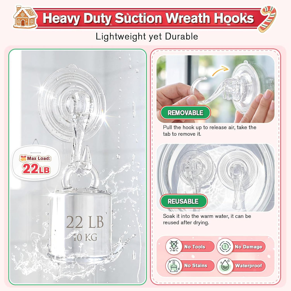 VIS'V Wreath Hanger - Heavy Duty Suction Cup Hooks | 22 LB Capacity, Removable & Reusable, Clear, 2 Pcs