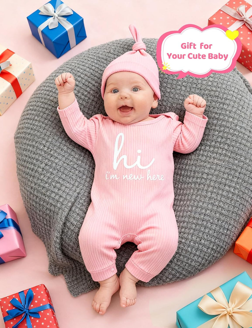 Babymine Newborn Unisex Baby Clothes - Long Sleeve Onesie Outfit with Mittens & Hat | 0-3 Months
