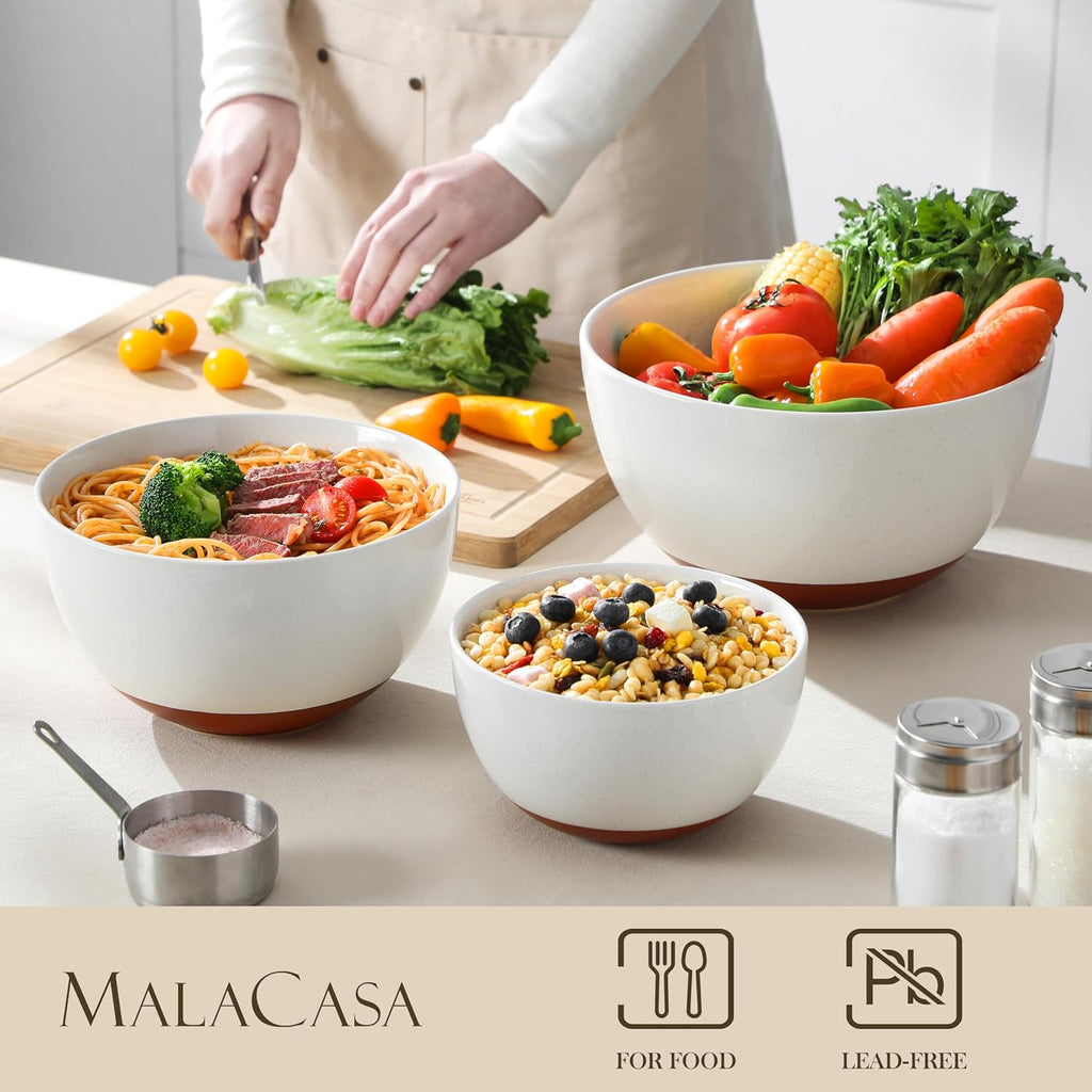 MALACASA Ceramic Mixing Bowls Set of 3 | Large Nesting Bowls for Cooking & Baking | Oven & Dishwasher Safe - 46/80/140 Oz