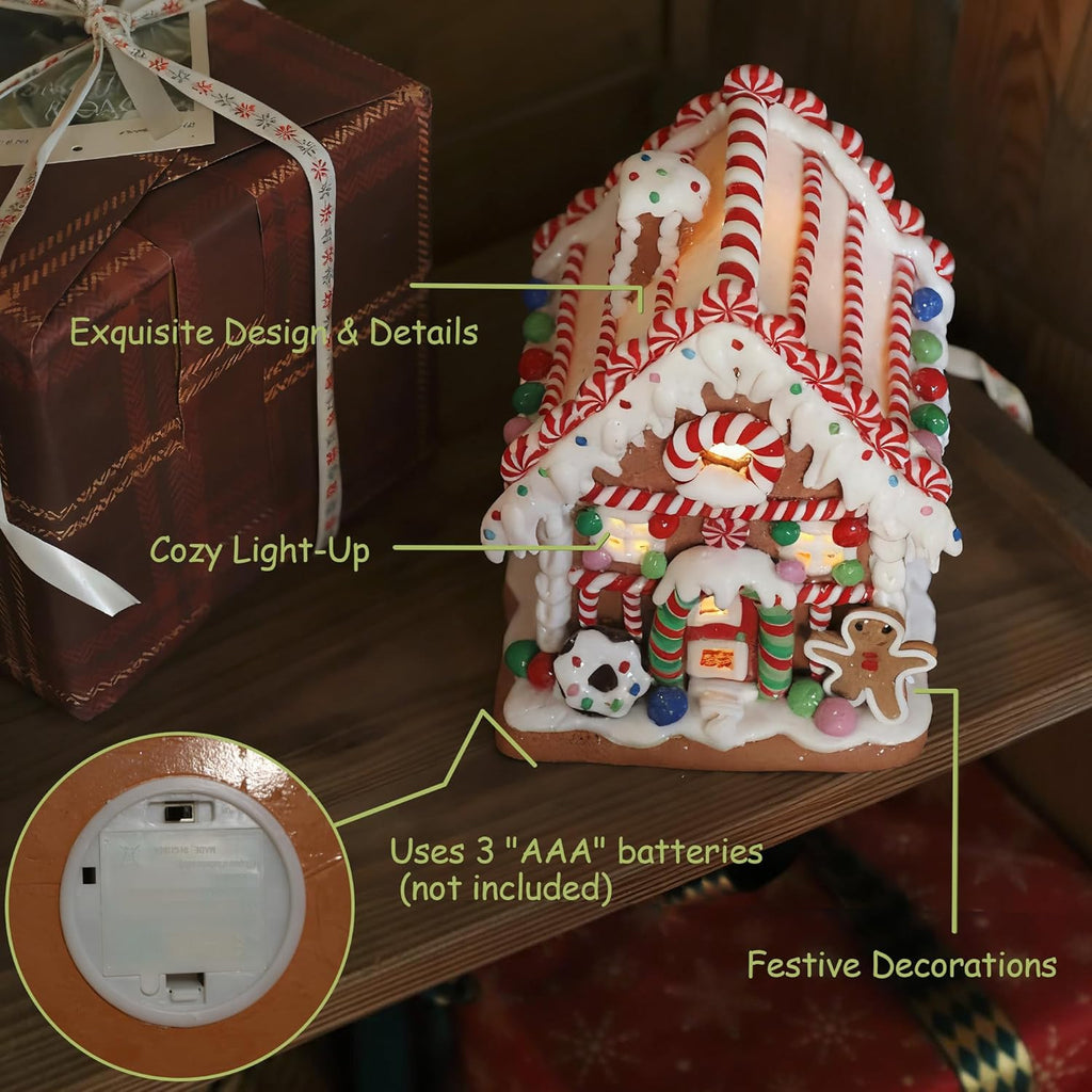 Skiennix Gingerbread House Decoration - Battery-Operated Light-Up Christmas Village Figurine | Handmade Style 1