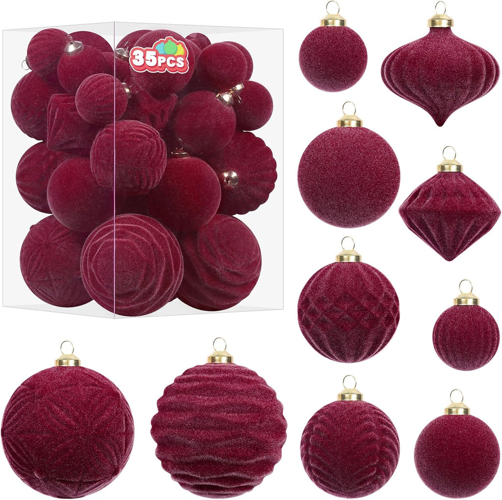 Super Holiday Velvet Christmas Ornaments Set - 35PCS Flocked Shatterproof Hanging Decorations | Burgundy