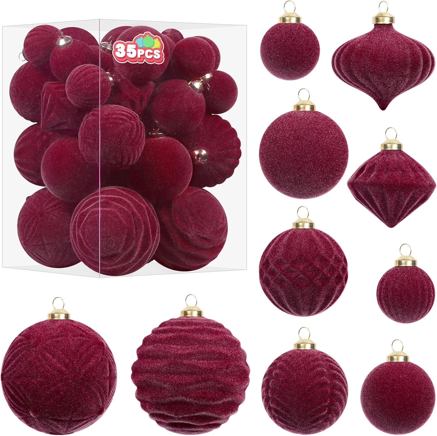 Super Holiday Velvet Christmas Ornaments Set - 35PCS Flocked Shatterproof Hanging Decorations | Burgundy