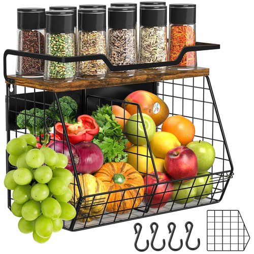 jijoe Magnetic Shelf for Fridge with Wood Lid & 4 Hooks, Fruit Potato & Onion Storage Bins, Pantry Organizer & Storage, Large Container Magnetic Spice Rack for Refrigerator, Kitchen Counter & Cabinet