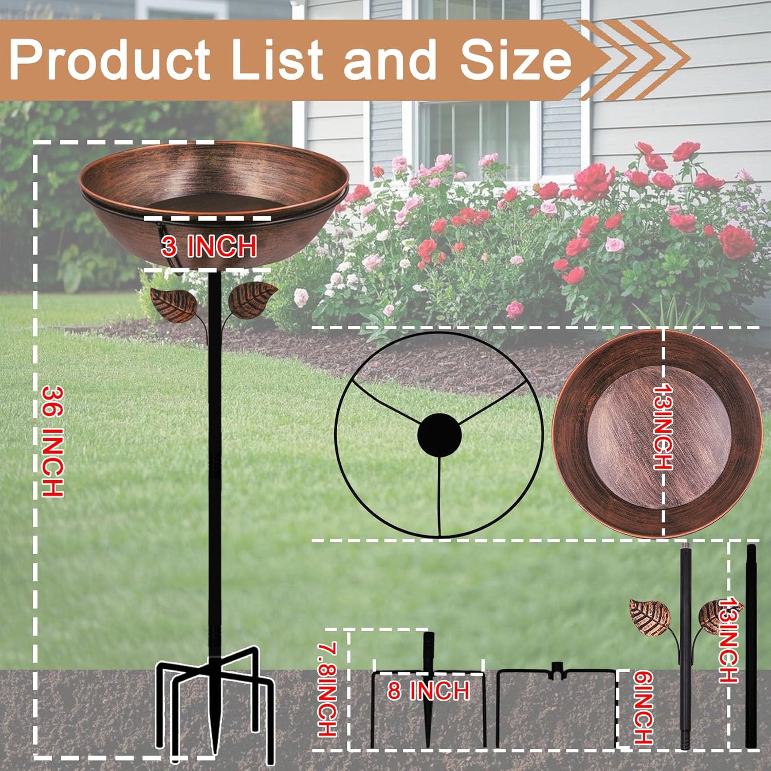 Skiennix 3" Deep Metal Bird Bath - Removable 13" Diameter Bowl with Stable Stake | Easy to Clean Garden Decor