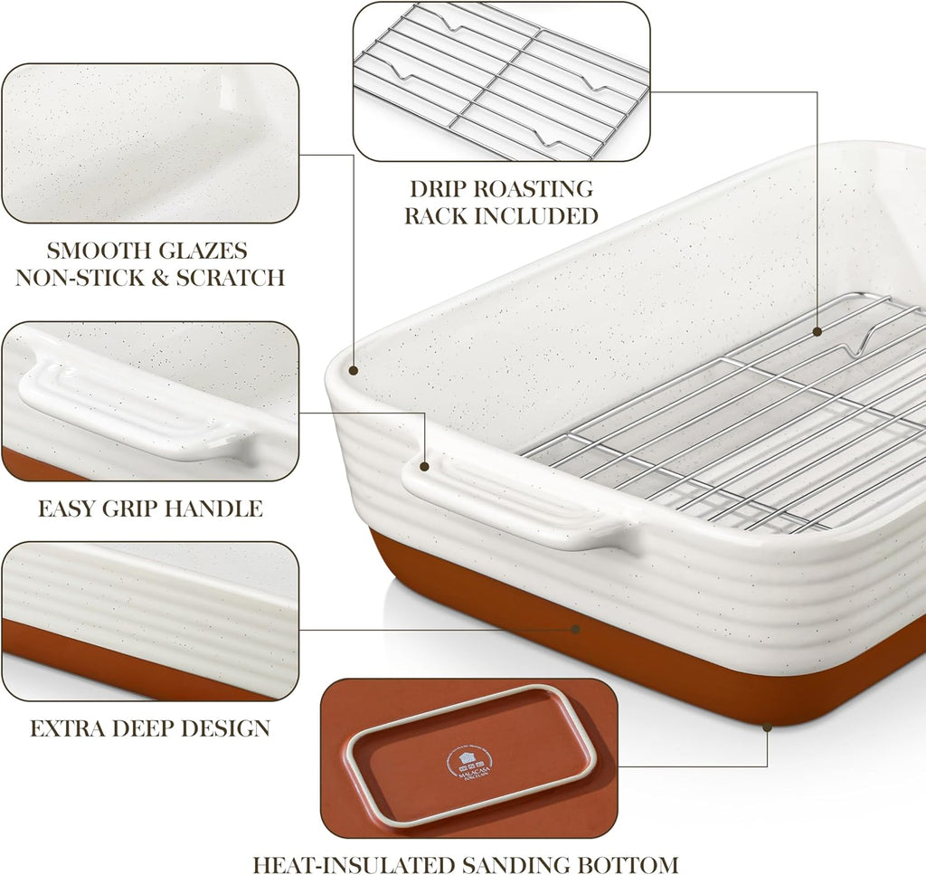 MALACASA 4.8 Qt Ceramic Baking Dish - Deep Roasting Pan with Stainless Steel Rack & Handles | 9x13 Inch, Khaki & White